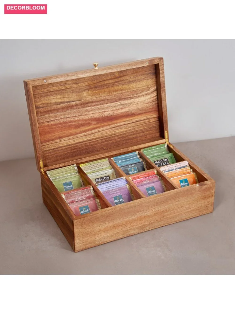 Acacia Wood Tea Bag Organizer, 8-Compartment Tea Caddy Storage Box